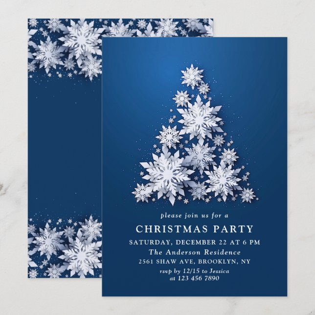 Invitation Élégant Snowflakes Tree Holiday NOËL PARTI (Devant / Derrière)