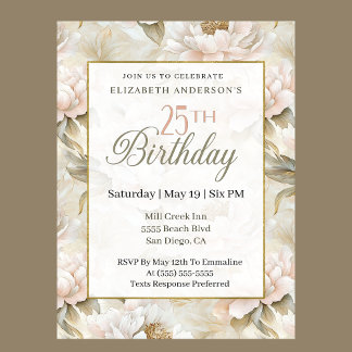 Invitation Elegant Soft Pink Ivory Peony 25th Birthday 