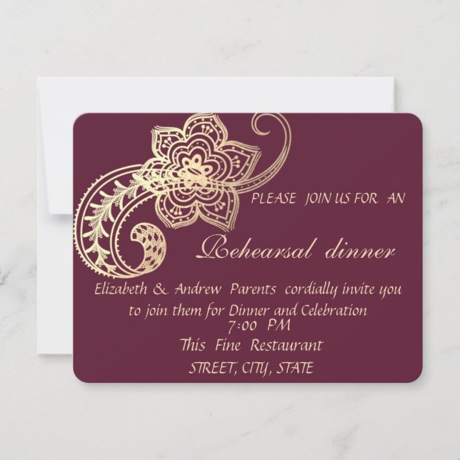 Invitation Élégant Soir De Répétition Chic Gold Paisley (Devant)