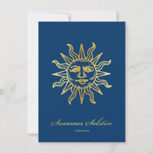 Invitation Élégant Solstice d'été en métal bleu et or de la m