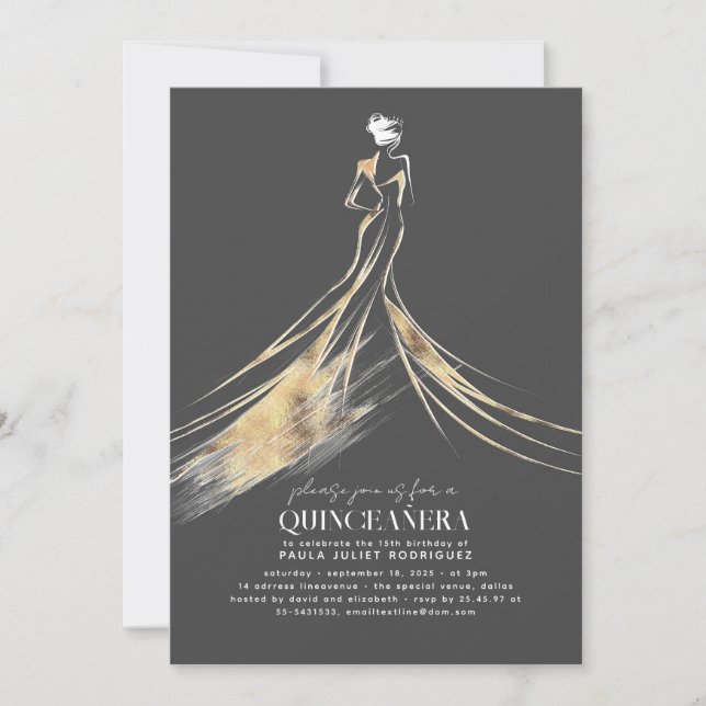 Invitation Elégant Sophisticated Gold et Grey QUINCEAÑERA (Devant)