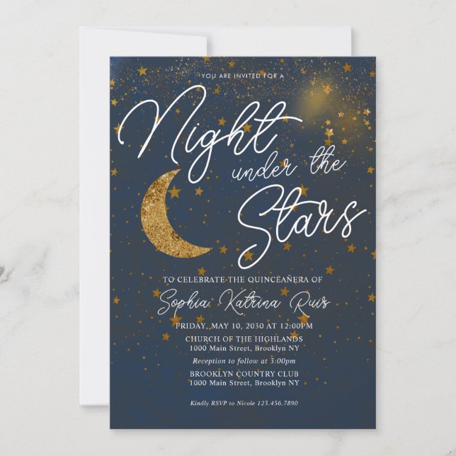 Invitation Élégant sous les étoiles Blue Gold Moon Quinceañer (Devant)