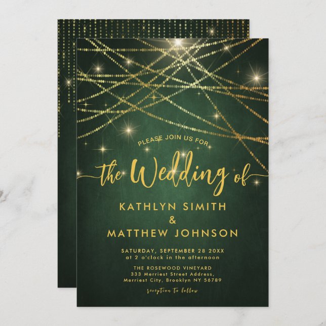 Invitation Élégant Sparkling Gold String Lumières Mariage ver (Devant / Derrière)