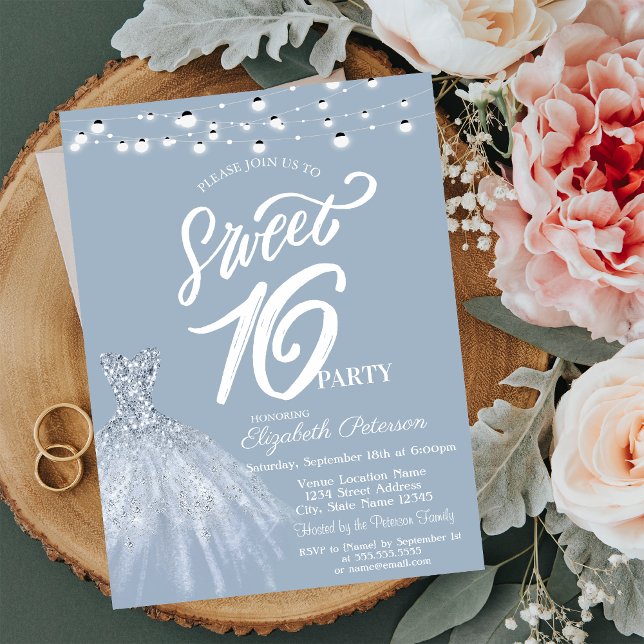 Invitation Élégant String Lights Robe Dusty Blue Sweet 16 (Créateur téléchargé)