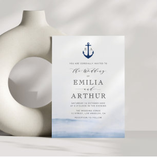 Invitation élégant style nautique aquarelle bleu mariage