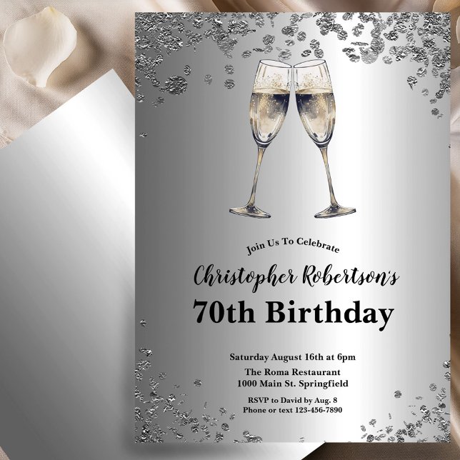 Invitation Elegant Stylish Black and Silver 70th Birthday  (Créateur téléchargé)
