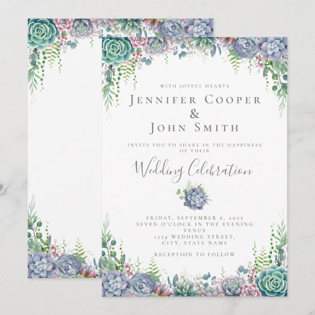Invitation Elégant Succulent Aquarelle Mariage de verdure (Devant / Derrière)