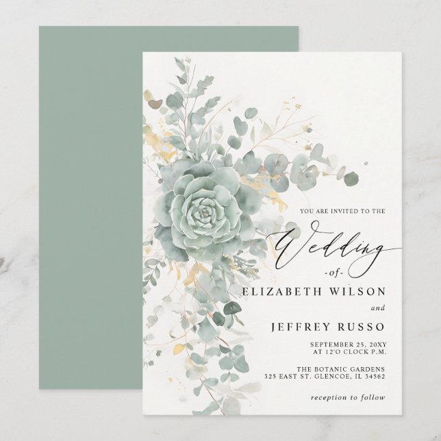 Invitation Elégant Succulents Gold Greenery Mariage (Devant / Derrière)