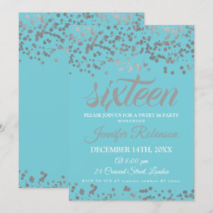 Invitation Élégant sucré 16 Confetti d'argent et d'huile bleu