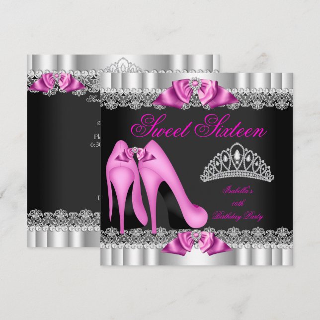 Invitation Élégant sucré 16 Sweet sixteen Partie rose chaud 2 (Devant / Derrière)