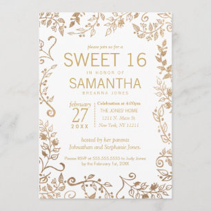 Invitation Élégant sucré floral blanc et jaune or 16