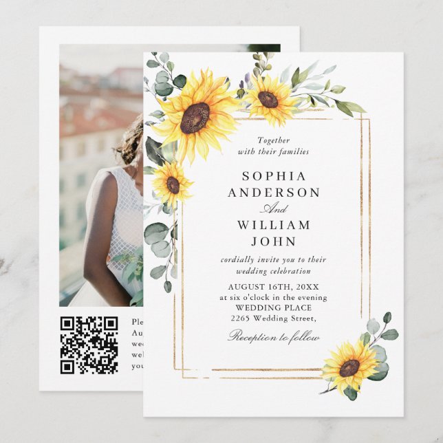 Invitation Elégant Sunflower Eucalyptus Mariage Photo Code QR (Devant / Derrière)