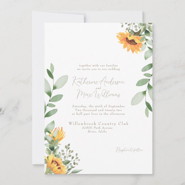 Invitation Élégant Sunflower Mariage Gold Texte Aucun parent (Devant)