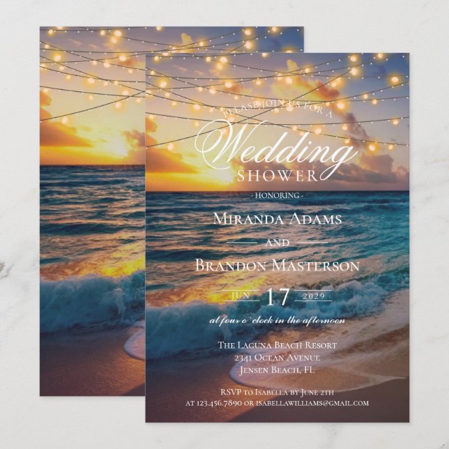 Invitation Elégant Sunset Beach Wedding shower d'été (Devant / Derrière)
