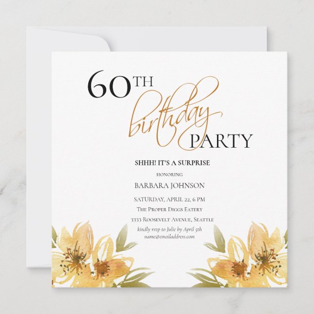 Invitation Elégant Surprise Jaune Floral 60e anniversaire (Devant)