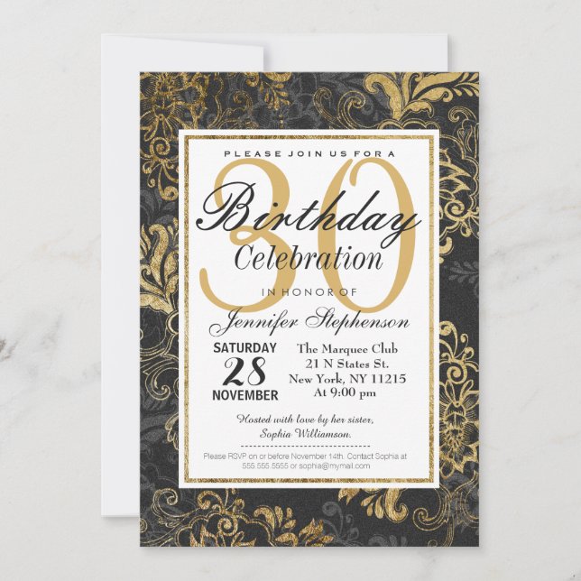 Invitation Elégant Swanky Faux Gold, Black & Grey Floral (Devant)