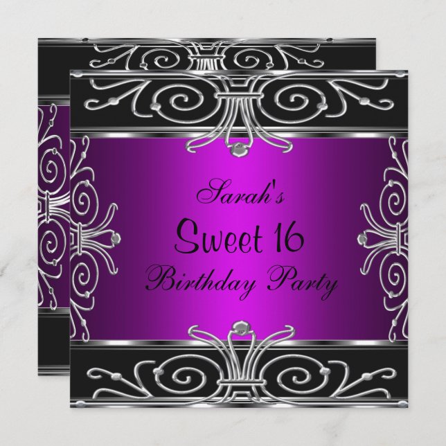 Invitation Élégant Sweet 16 Anniversaire Magenta Black Silver (Devant / Derrière)