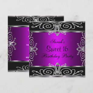Invitation Élégant Sweet 16 Anniversaire Magenta Black Silver
