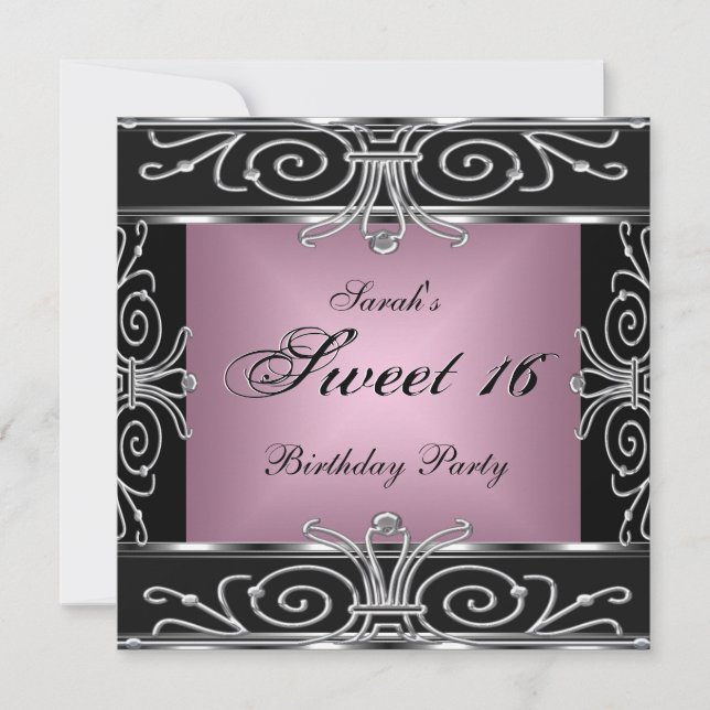 Invitation Élégant Sweet 16 Anniversaire rose noir argent (Devant)