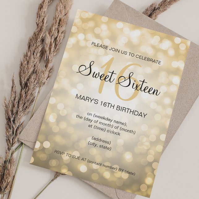 Invitation Élégant Sweet 16 Lumières Parties scintillant Or A (Elegant Sweet 16 Birthday Gold Glitter Lights Invitation)