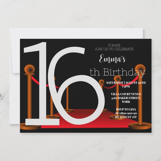 Invitation Elégant Sweet 16 Red Black Carpet Hollywood (Devant)