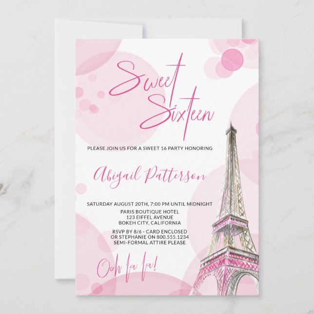Invitation Elégant Sweet 16 Rose Blanc Paris Anniversaire (Devant)