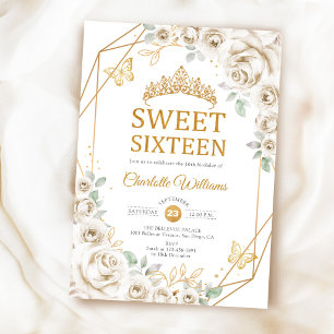 Invitation Élégant Sweet 16 Roses Crème Ivoire Or