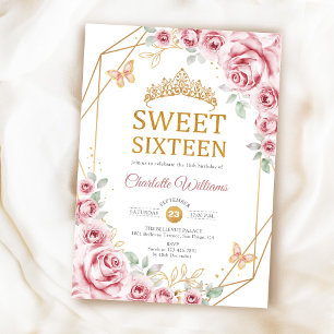 Invitation Élégant Sweet 16 Roses Roses Pâle Or