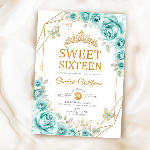Invitation Élégant Sweet 16 Roses Turquoise Or