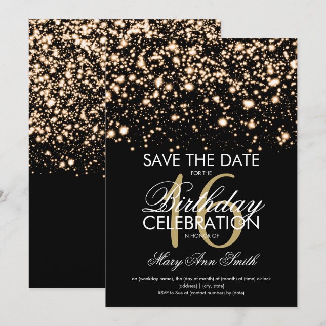 Invitation Élégant Sweet 16 "Save The Date" Or (Devant / Derrière)