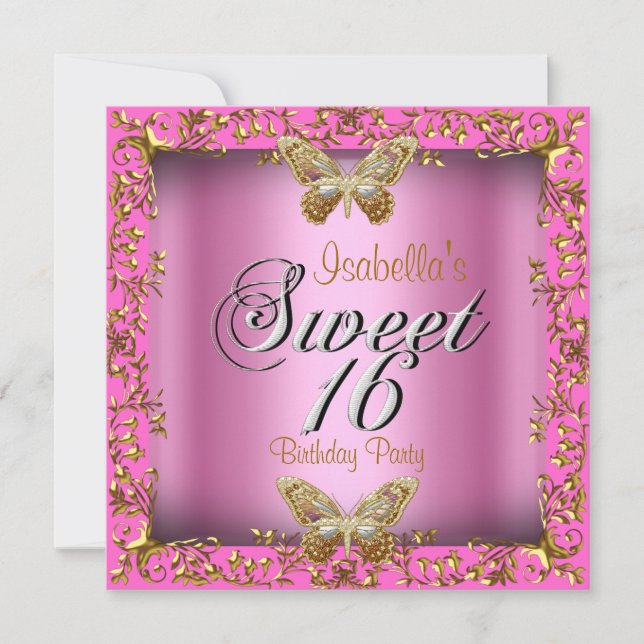 Invitation Élégant Sweet 16 Sixteen Rose Gold Butterfly (Devant)
