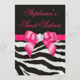 Invitation Élégant Sweet 16 Zebra Stripes Hot Pink Bow