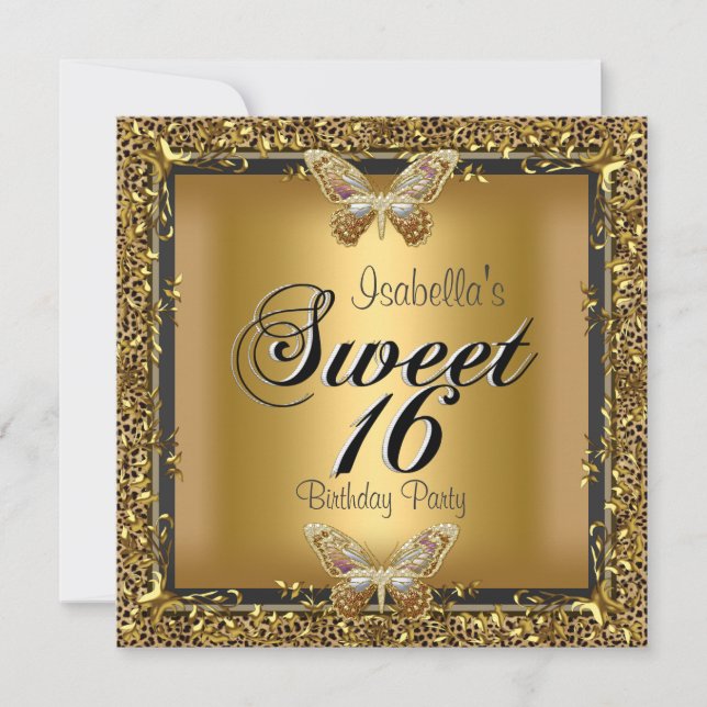 Invitation Elégant Sweet sixteen 16 Leopard Gold Butterfly (Devant)