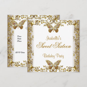 Invitation Elégant Sweet Sixteen 16 Papillon en Or Blanc