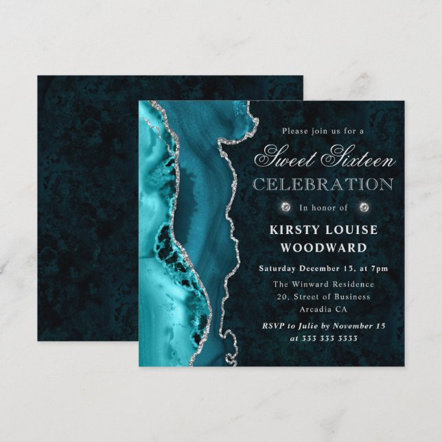 Invitation Élégant Sweet sixteen d'agate de Parties scintilla (Devant / Derrière)