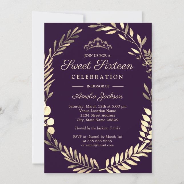 Invitation Élégant Sweet sixteen de couronne d'or violet (Devant)