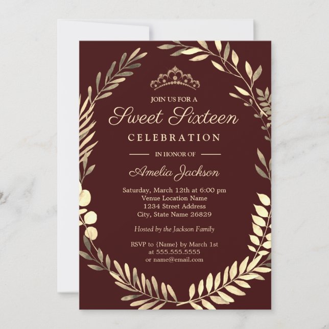 Invitation Élégant Sweet sixteen de couronne or de Bourgogne (Devant)