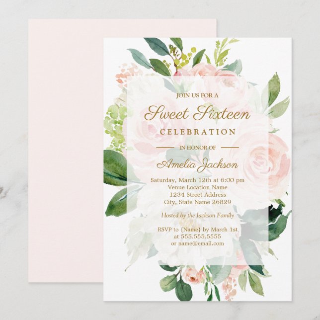 Invitation Élégant Sweet sixteen de fleur rose (Devant / Derrière)