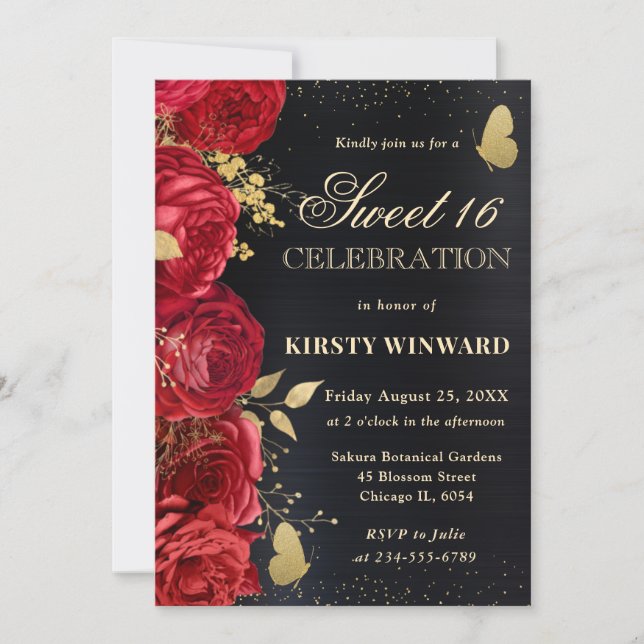 Invitation Élégant Sweet sixteen de fleurs rouge et or (Devant)