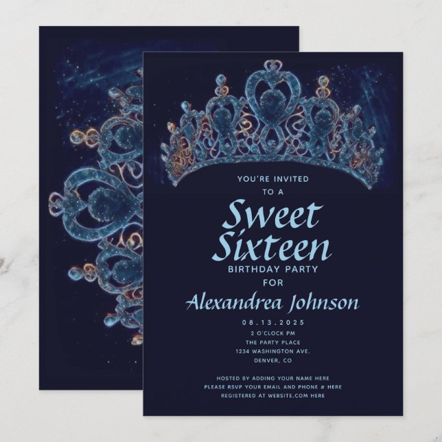 Invitation Elégant Sweet sixteen de la Couronne 16e anniversa (Devant / Derrière)