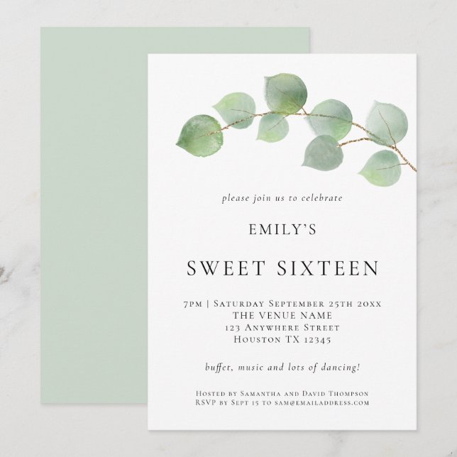 Invitation Elégant Sweet sixteen Eucalyptus Anniversaire (Devant / Derrière)