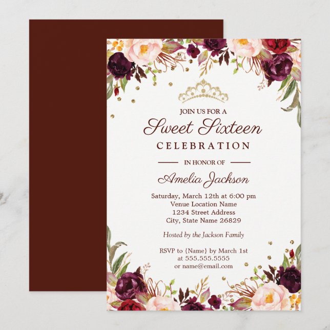 Invitation Elégant Sweet sixteen floral Bourgogne or (Devant / Derrière)