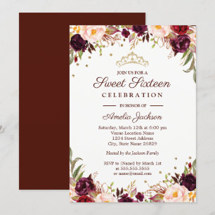 Invitation Elégant Sweet sixteen floral Bourgogne or