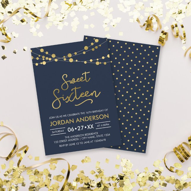 Invitation Élégant Sweet sixteen moderne Blue Faux Gold Light (Créateur téléchargé)
