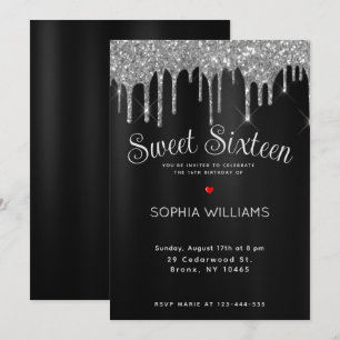 Invitation Elégant Sweet sixteen noir et argent personnalisé