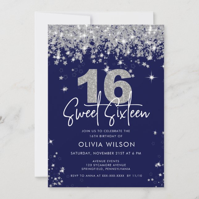 Invitation Elégant Sweet sixteen Parties scintillant Argent A (Devant)