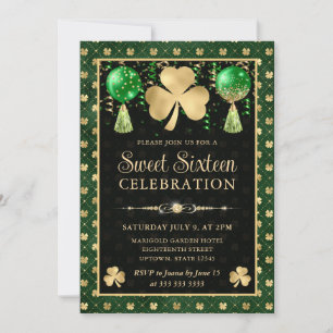 Invitation Élégant Sweet sixteen Shamrock vert et or