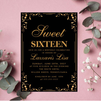 Invitation Elégant Sweet sixteen simple 16 Noir Anniversaire