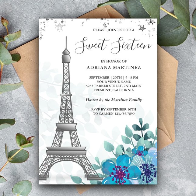 Invitation Elégant Sweet sixteen Tour Eiffel bleu floral (Créateur téléchargé)