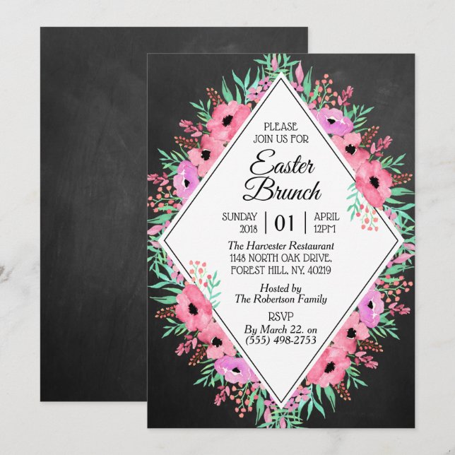 Invitation Elégant tableau floral Brunch de Pâques (Devant / Derrière)